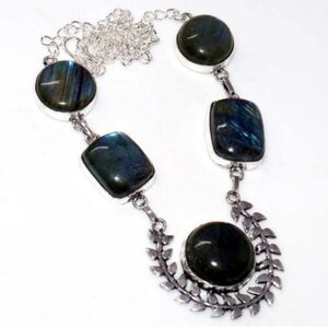 Fiery Labradorite Multi-Cluster Gemstone 925 Sterling Silver Handmade Necklace